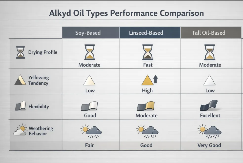 Performance comparison of soy, linseed, and tall oil based alkyd resin systems