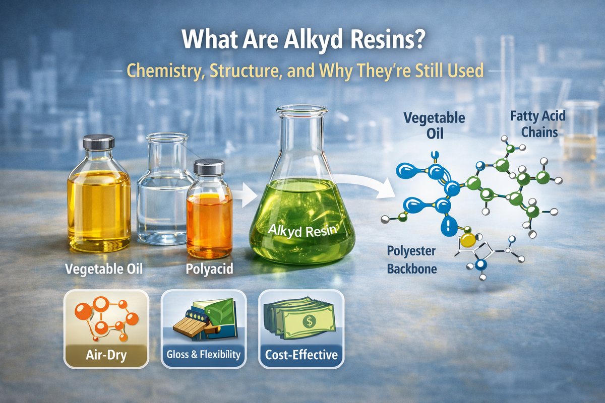 Alkyd resin chemistry diagram showing the polyester backbone and fatty-acid oil segments