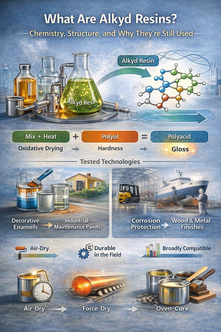 Common alkyd resin applications across decorative enamels, industrial finishes, primers, and wood coatings