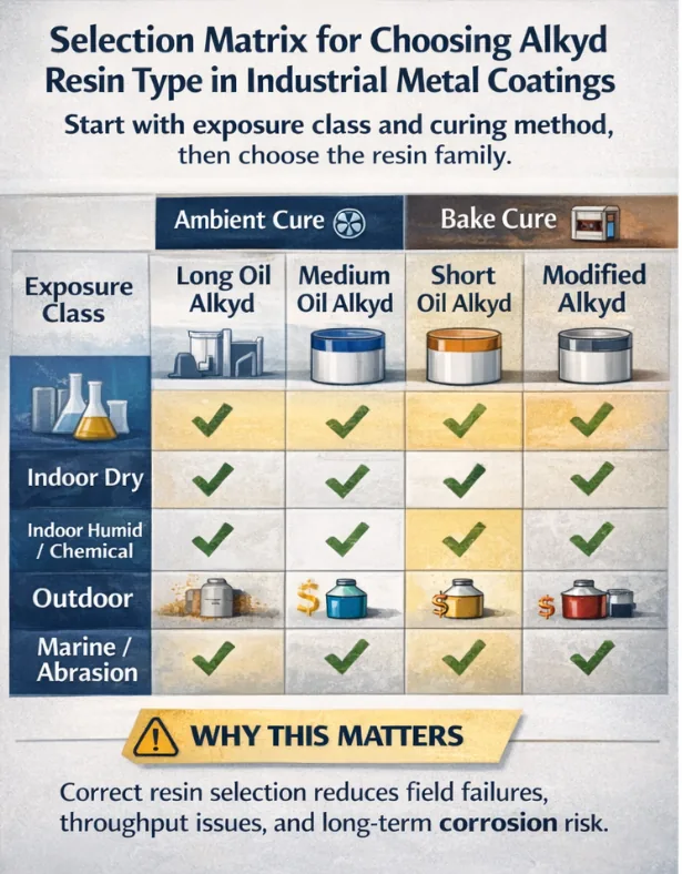 Selection matrix for choosing alkyd resin type in industrial metal coatings