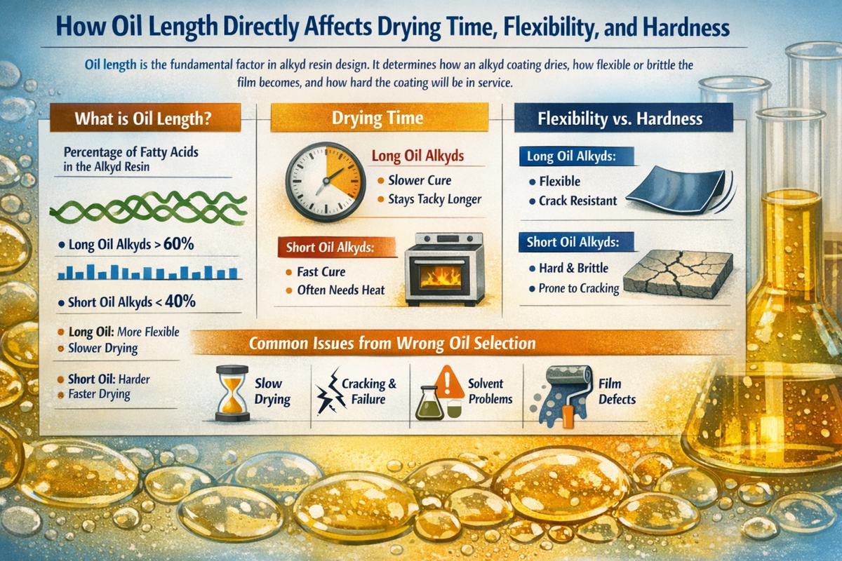 Diagram linking alkyd oil length to drying time, flexibility, and hardness